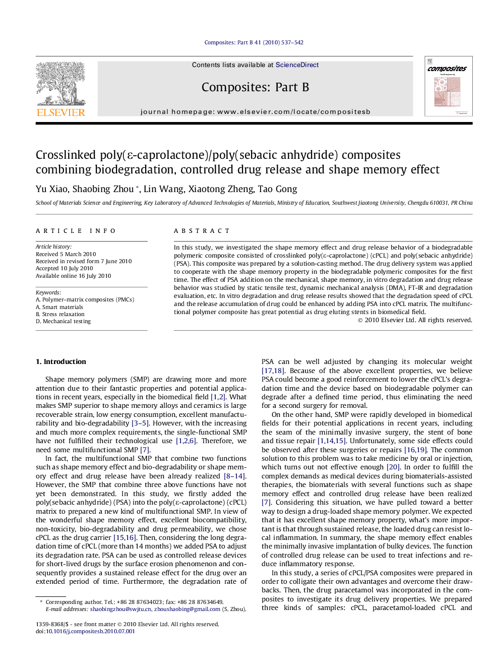 Crosslinked poly(ε-caprolactone)/poly(sebacic anhydride) composites combining biodegradation, controlled drug release and shape memory effect