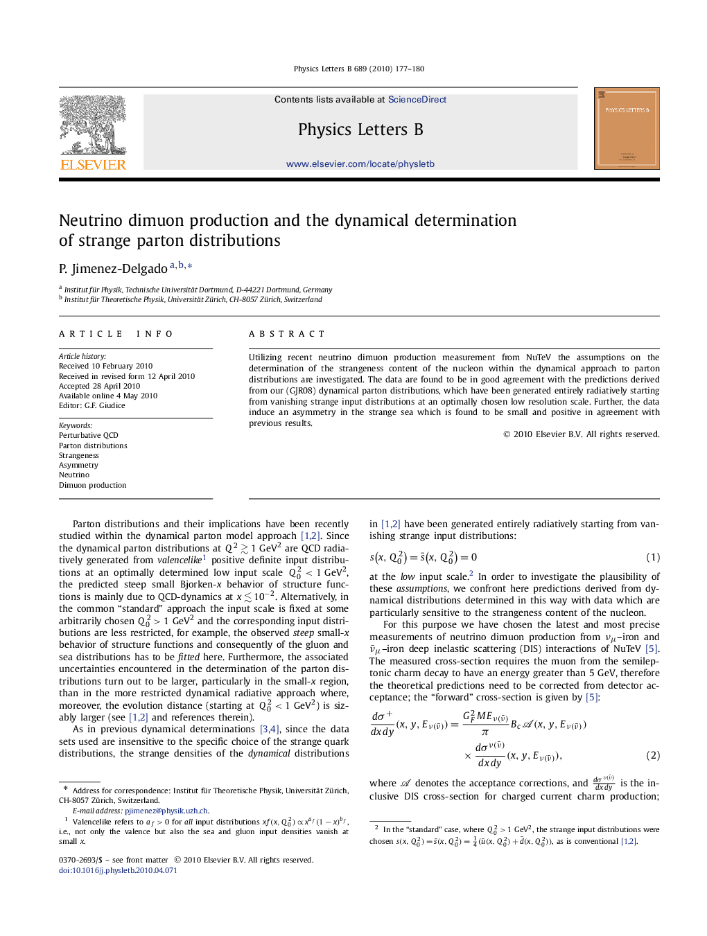 عکس صفحه اول مقاله: Neutrino dimuon production and the dynamical determination of strange parton distributions Neutrino dimuon production and the dynamical determination of strange parton distributions