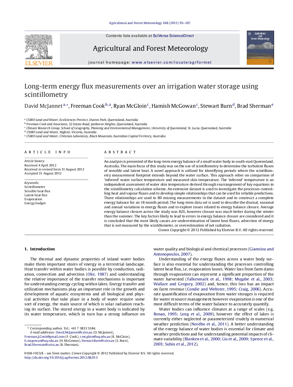 Long-term energy flux measurements over an irrigation water storage using scintillometry