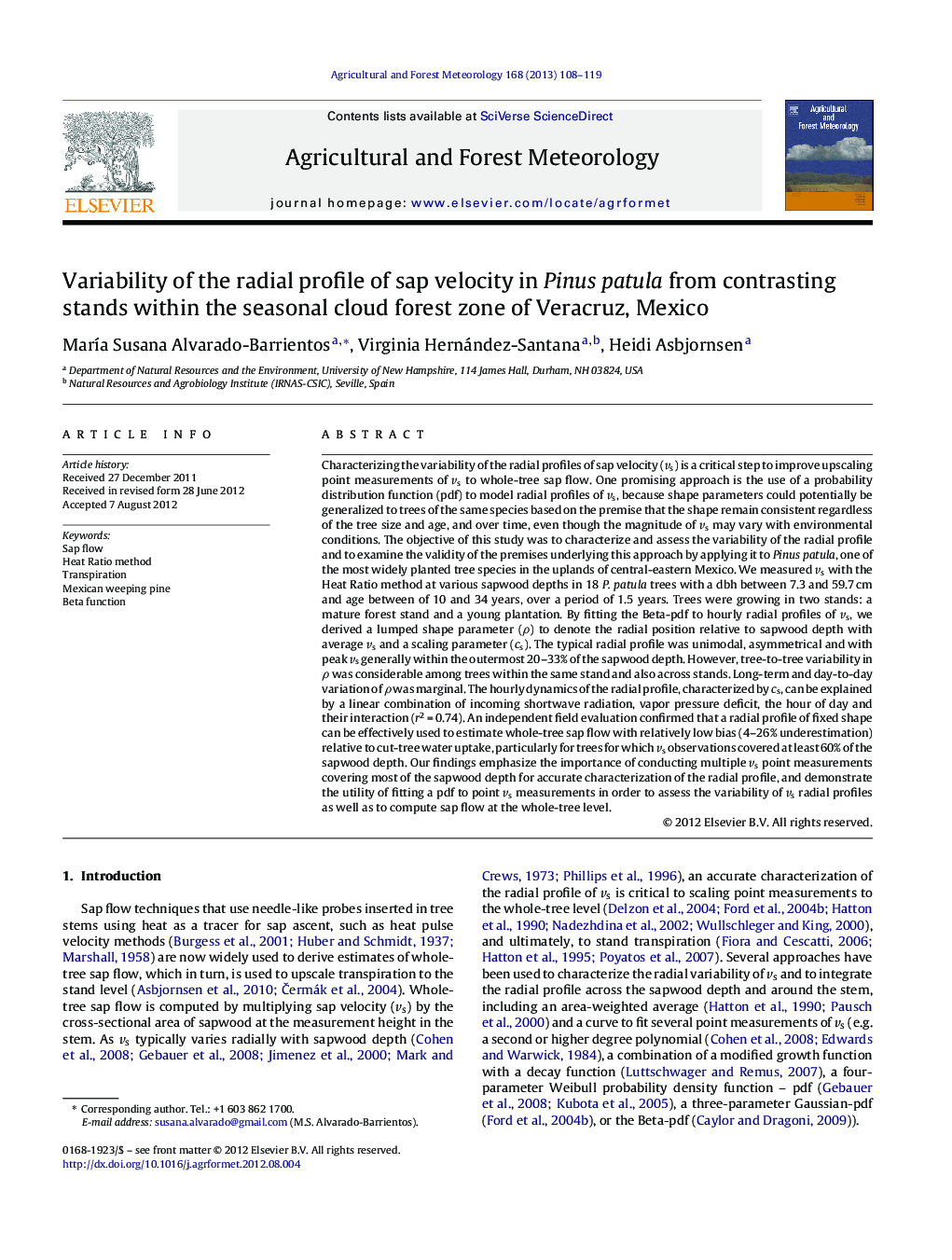 Variability of the radial profile of sap velocity in Pinus patula from contrasting stands within the seasonal cloud forest zone of Veracruz, Mexico