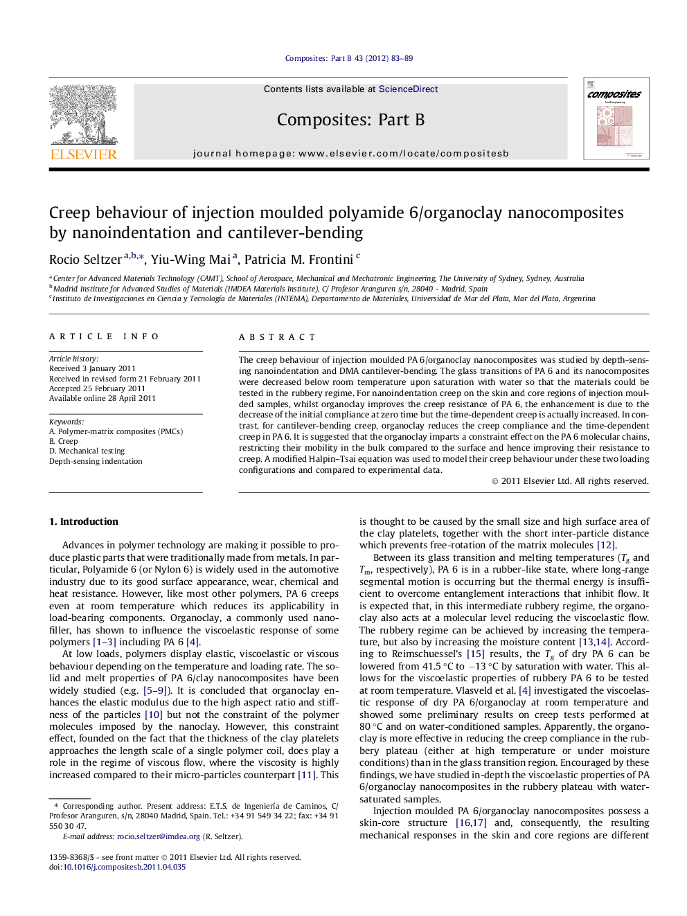 عکس صفحه اول مقاله: Creep behaviour of injection moulded polyamide 6/organoclay nanocomposites by nanoindentation and cantilever-bending Creep behaviour of injection moulded polyamide 6/organoclay nanocomposites by nanoindentation and cantilever-bending