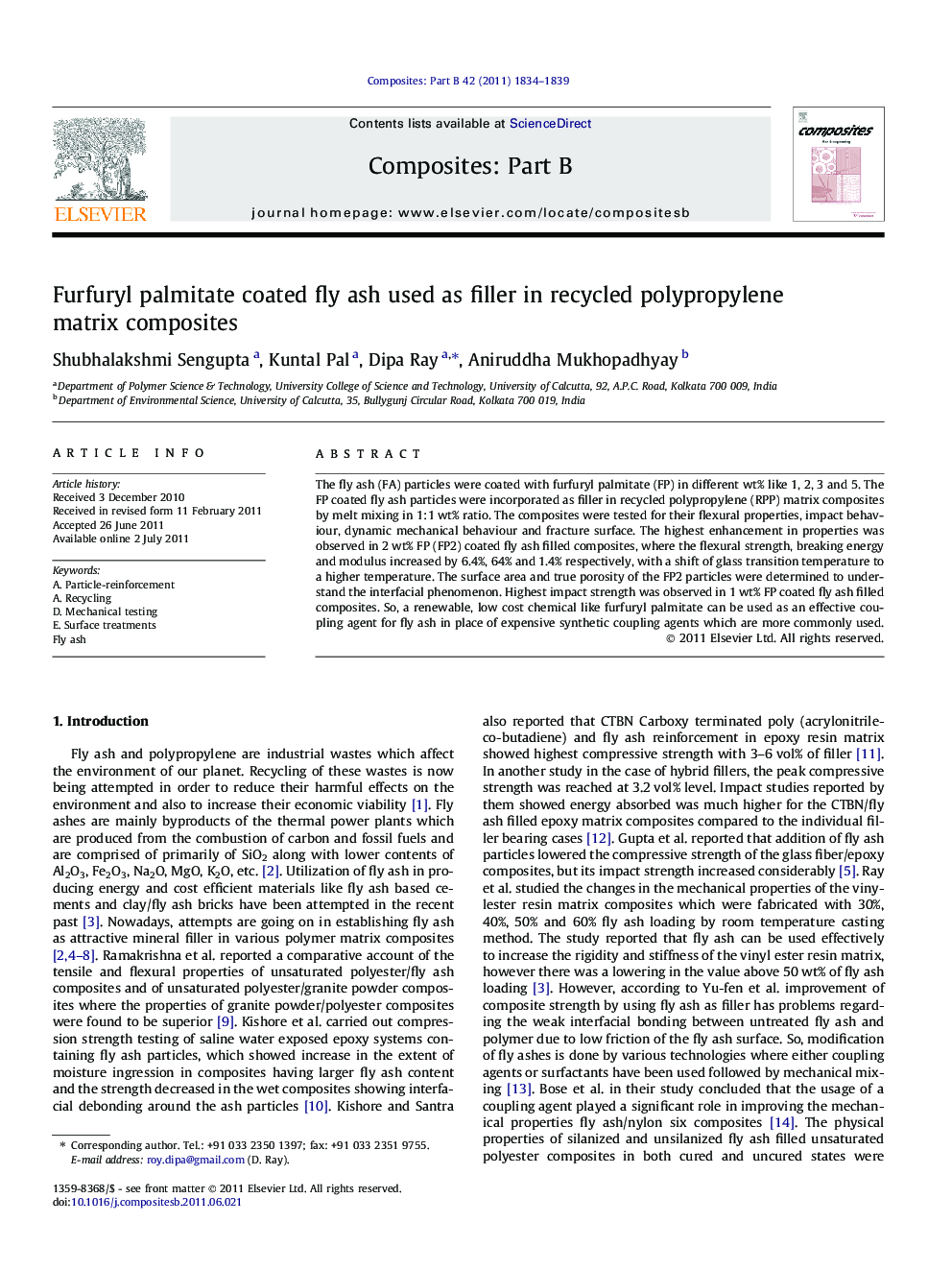 Furfuryl palmitate coated fly ash used as filler in recycled polypropylene matrix composites