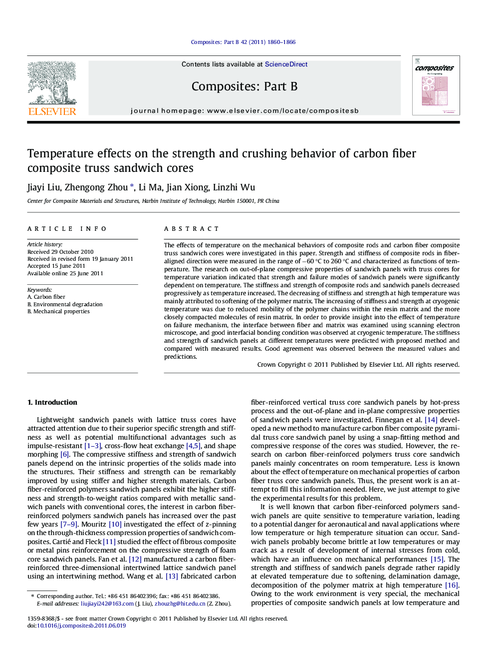 Temperature effects on the strength and crushing behavior of carbon fiber composite truss sandwich cores