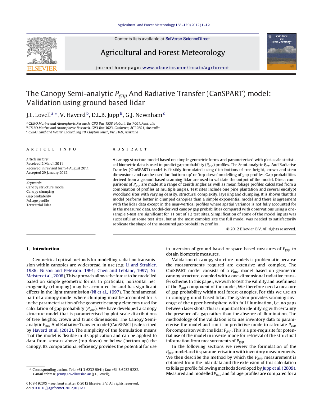 The Canopy Semi-analytic Pgap And Radiative Transfer (CanSPART) model: Validation using ground based lidar