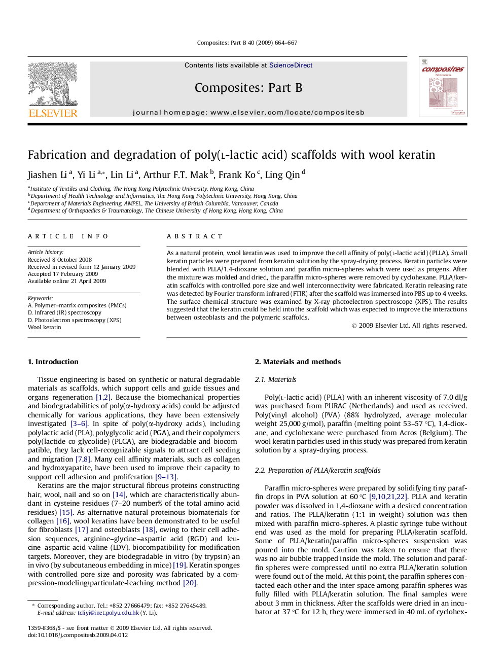 Fabrication and degradation of poly(l-lactic acid) scaffolds with wool keratin