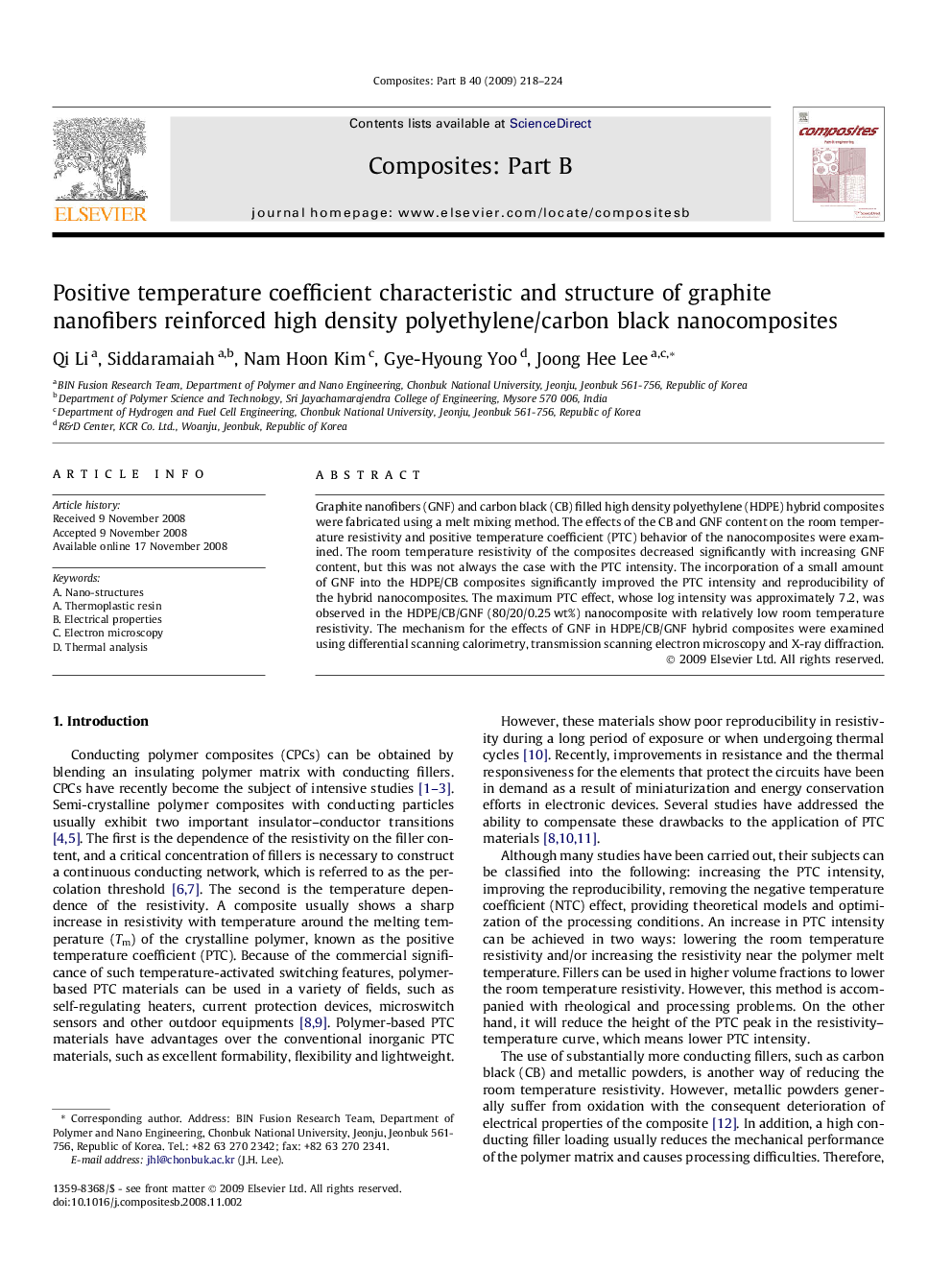 Positive temperature coefficient characteristic and structure of graphite nanofibers reinforced high density polyethylene/carbon black nanocomposites