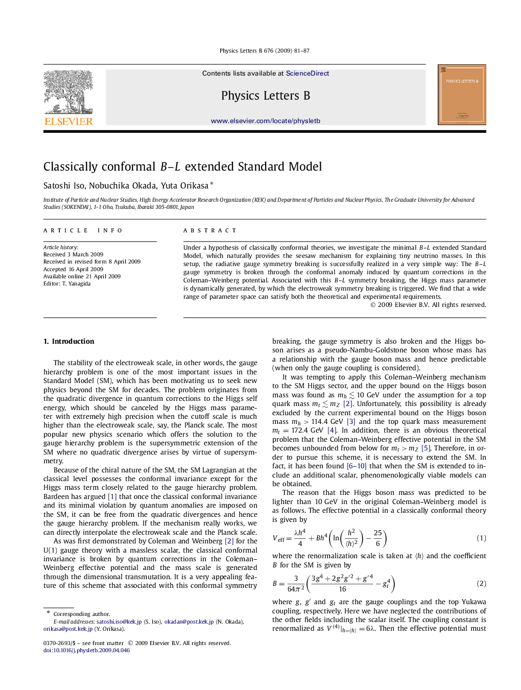 Classically conformal B-L extended Standard Model