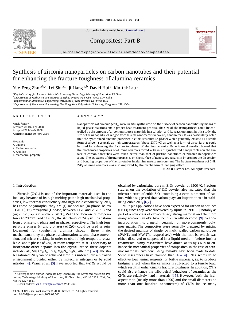 Synthesis of zirconia nanoparticles on carbon nanotubes and their potential for enhancing the fracture toughness of alumina ceramics