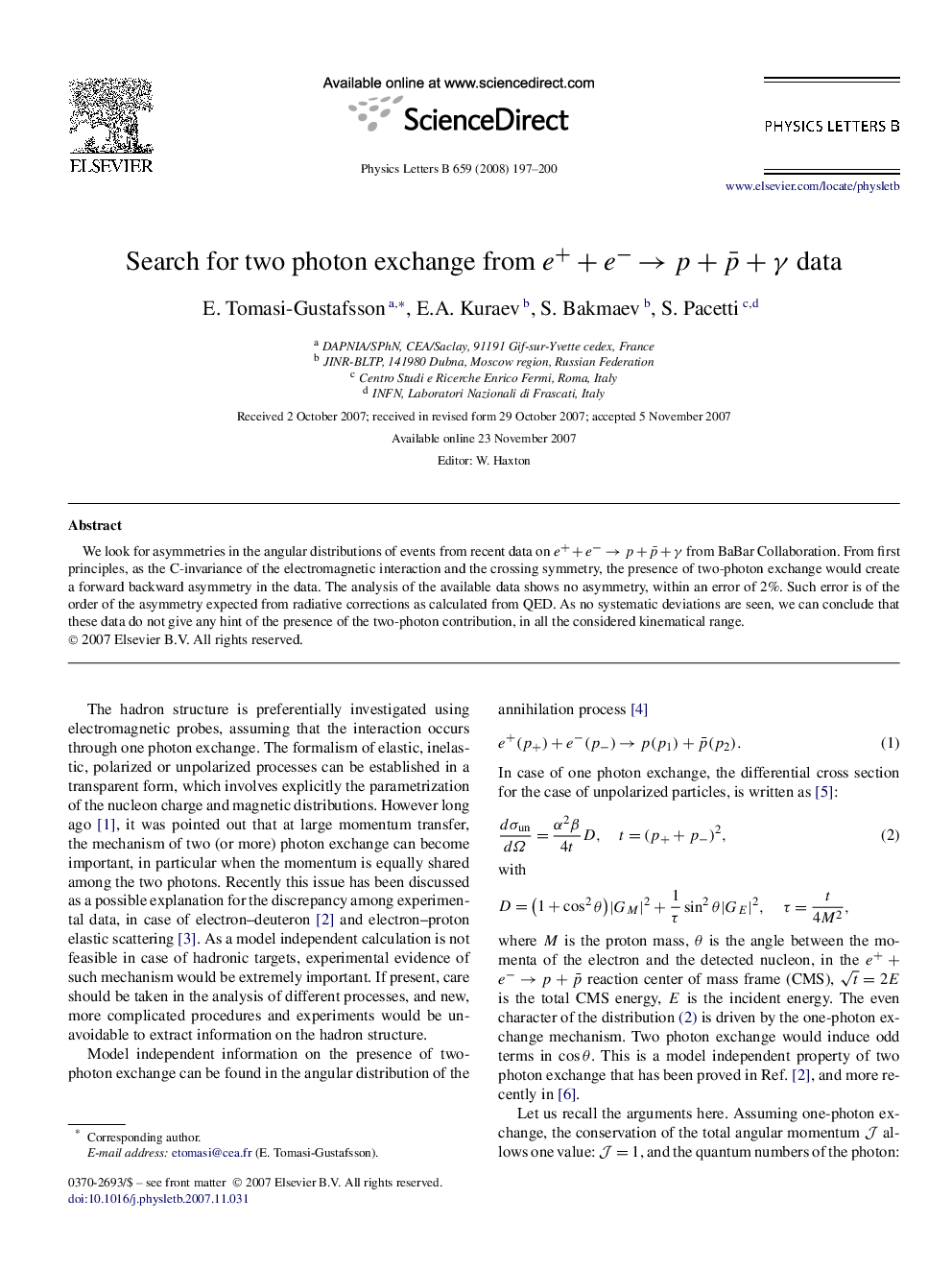 Search for two photon exchange from e++eââp+pÂ¯+Î³ data