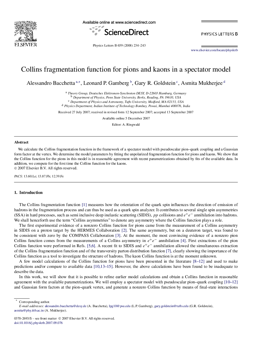 Collins fragmentation function for pions and kaons in a spectator model