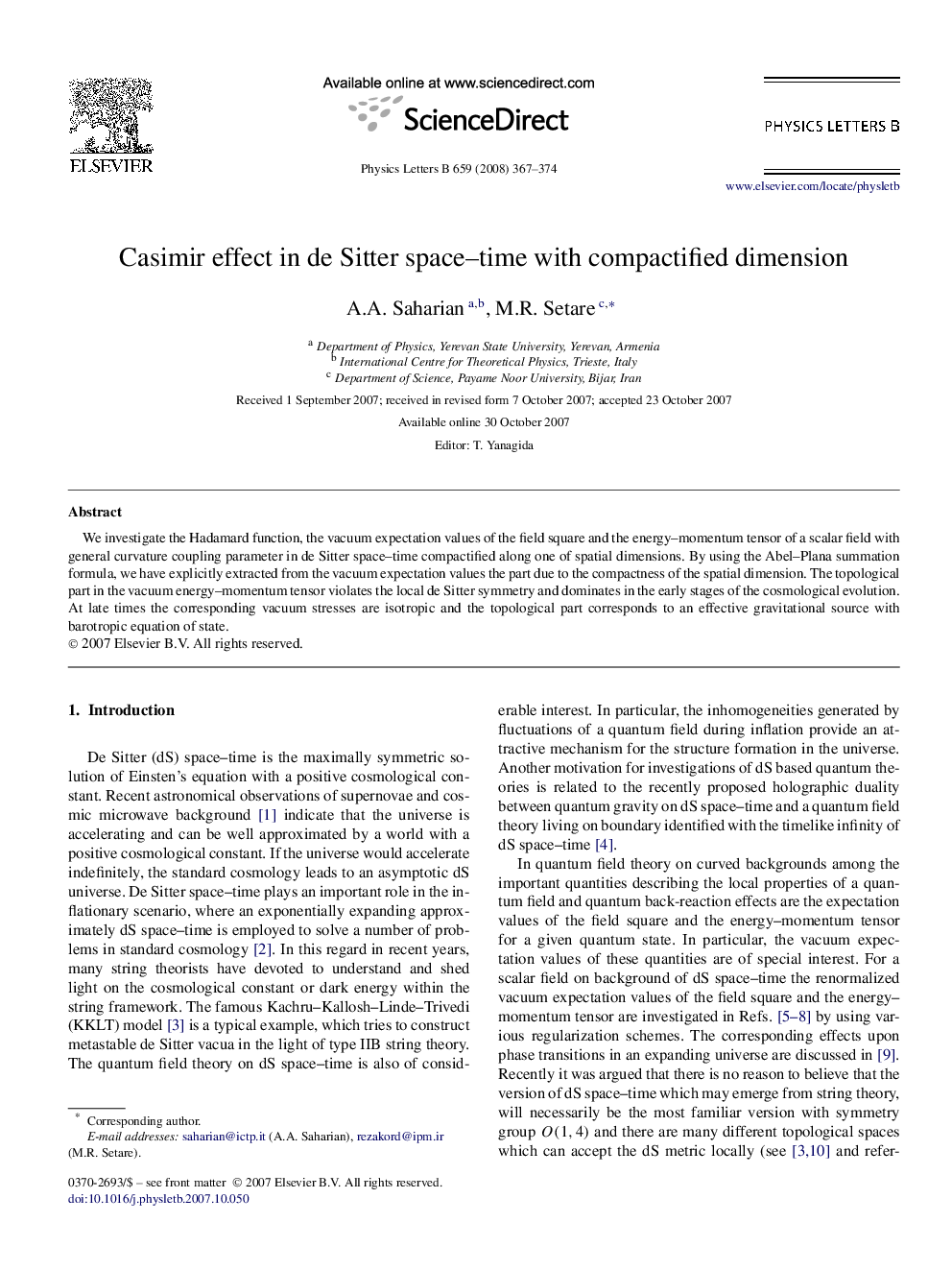 Casimir effect in de Sitter space-time with compactified dimension