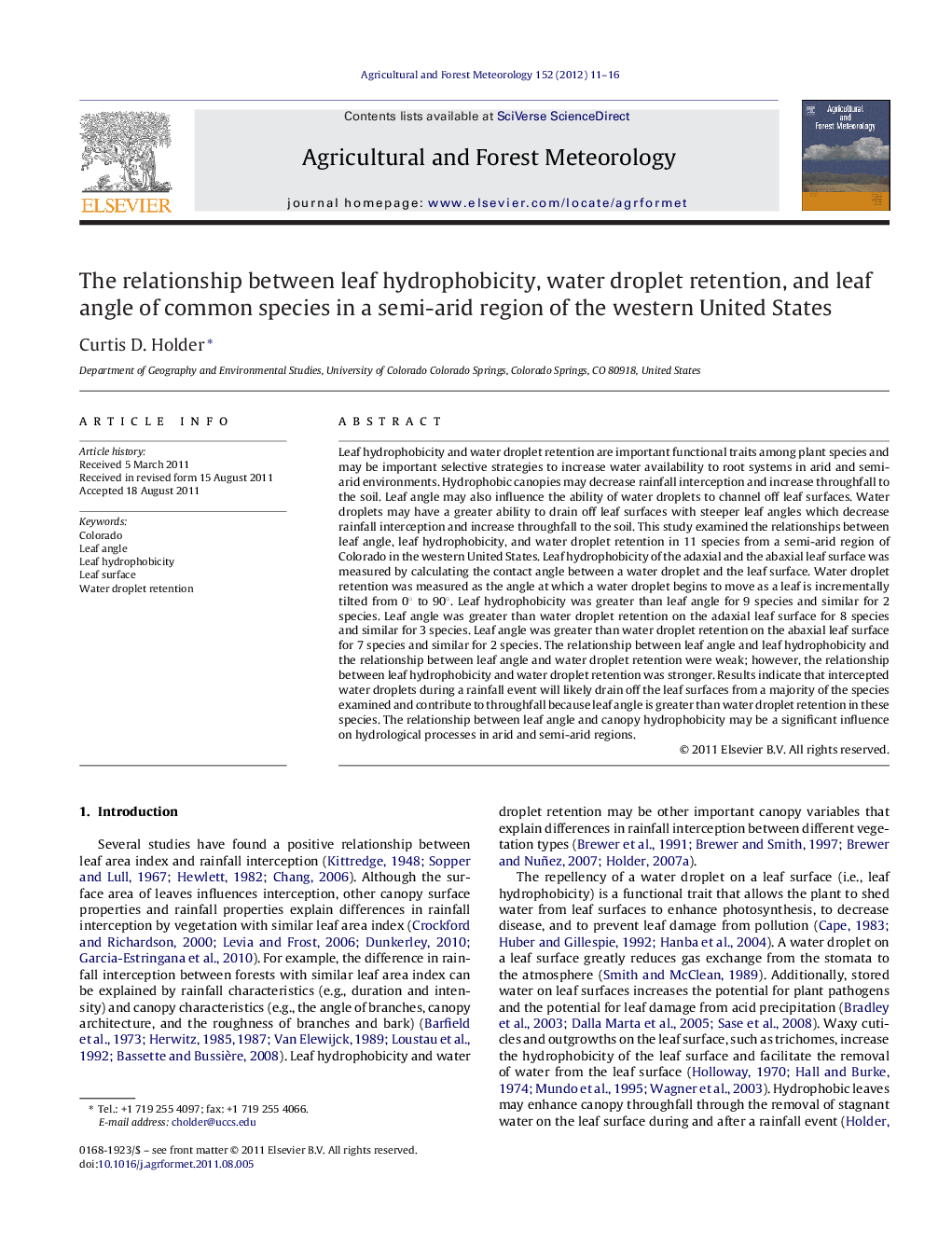 The relationship between leaf hydrophobicity, water droplet retention, and leaf angle of common species in a semi-arid region of the western United States