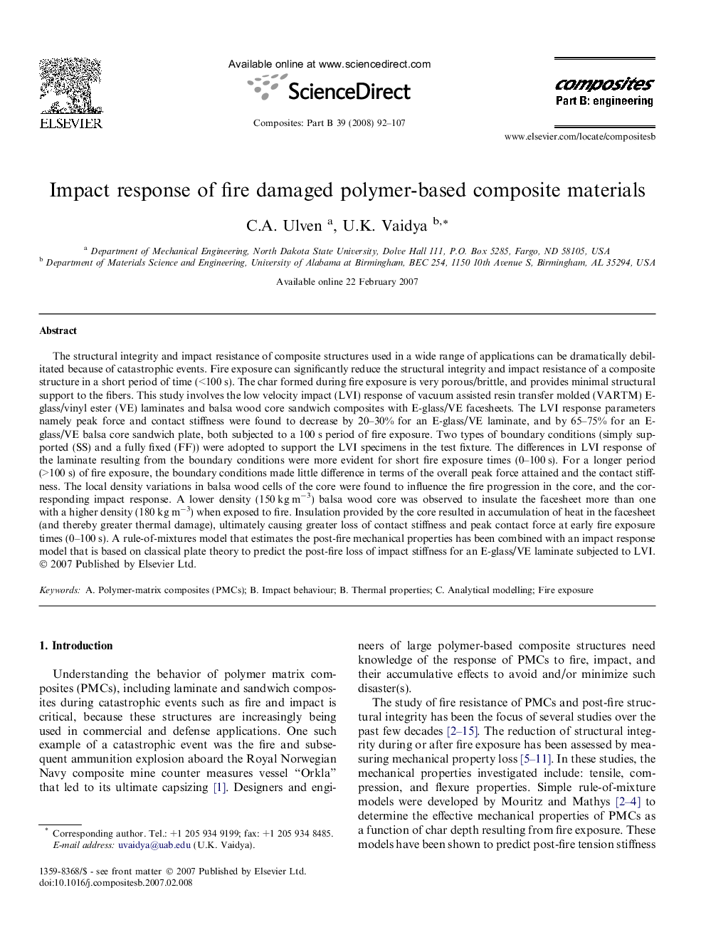 Impact response of fire damaged polymer-based composite materials