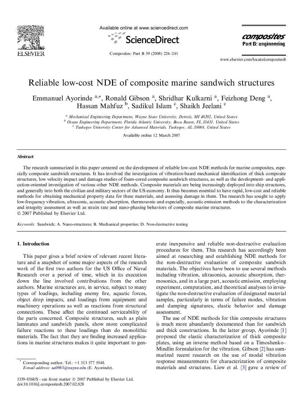 Reliable low-cost NDE of composite marine sandwich structures