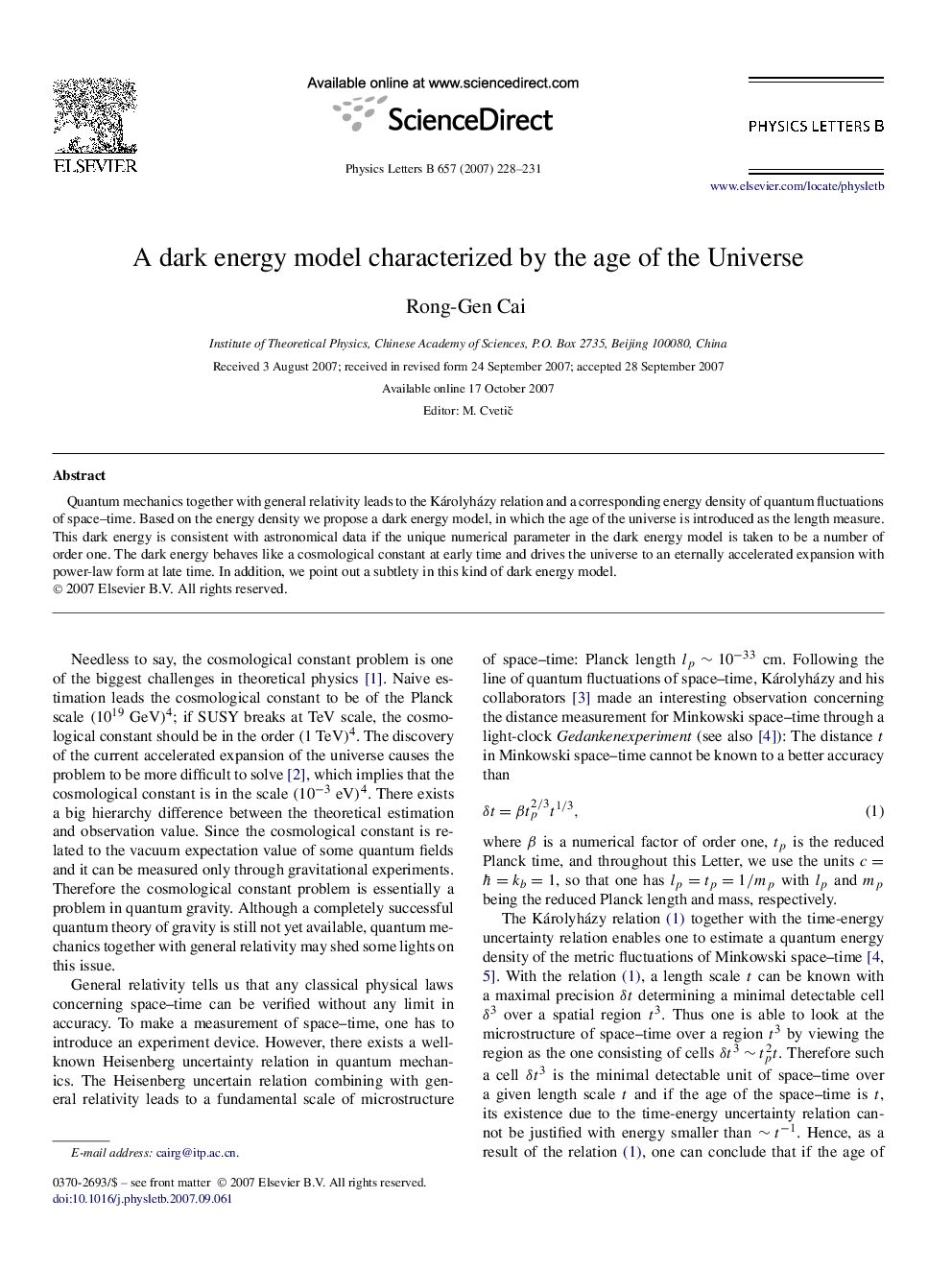 A dark energy model characterized by the age of the Universe