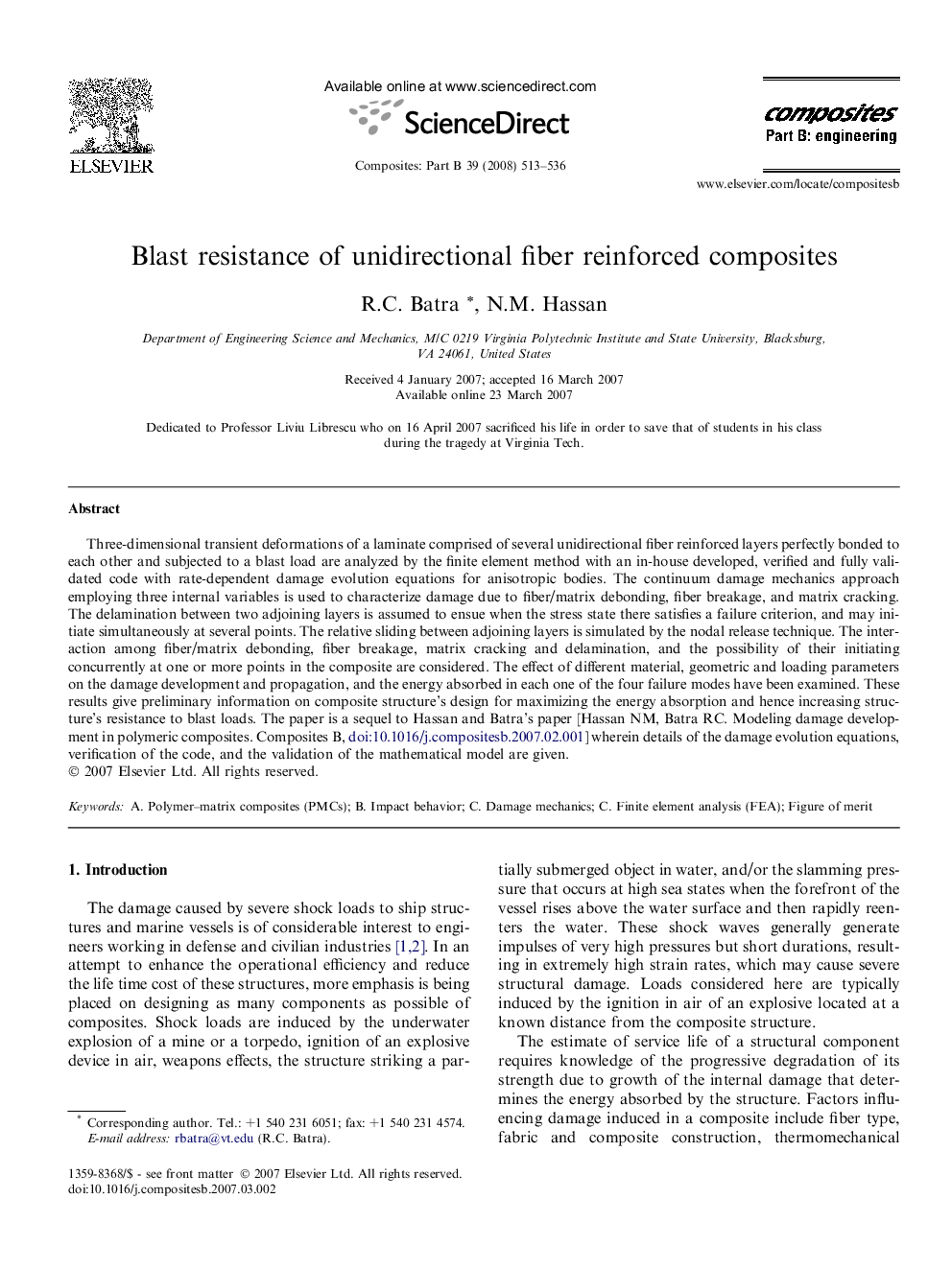 Blast resistance of unidirectional fiber reinforced composites