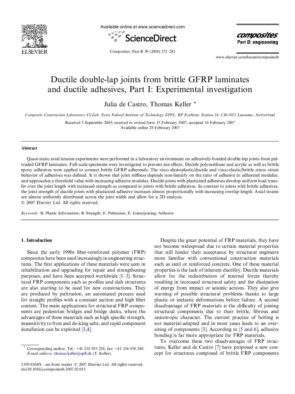 Ductile double-lap joints from brittle GFRP laminates and ductile adhesives, Part I: Experimental investigation