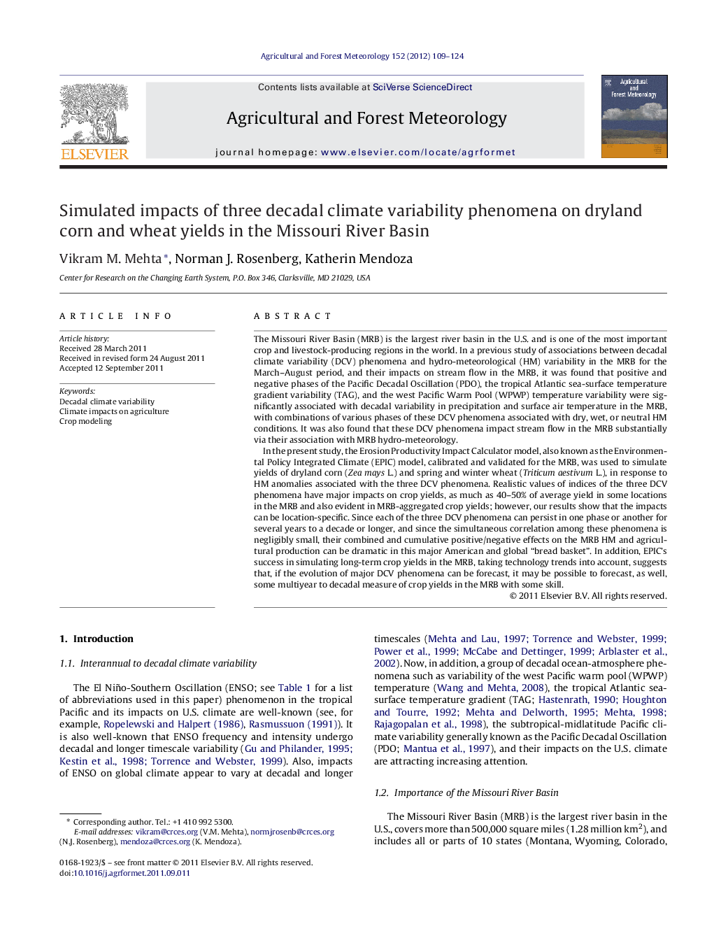 Simulated impacts of three decadal climate variability phenomena on dryland corn and wheat yields in the Missouri River Basin