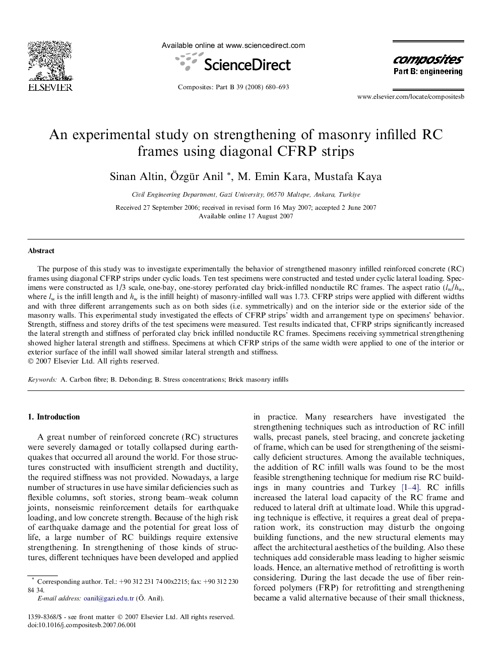 An experimental study on strengthening of masonry infilled RC frames using diagonal CFRP strips