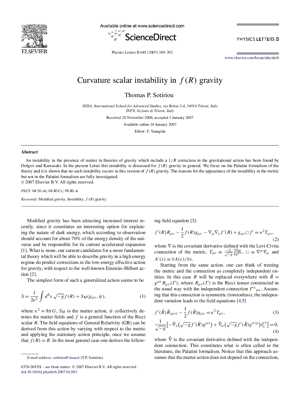 Curvature scalar instability in f(R) gravity