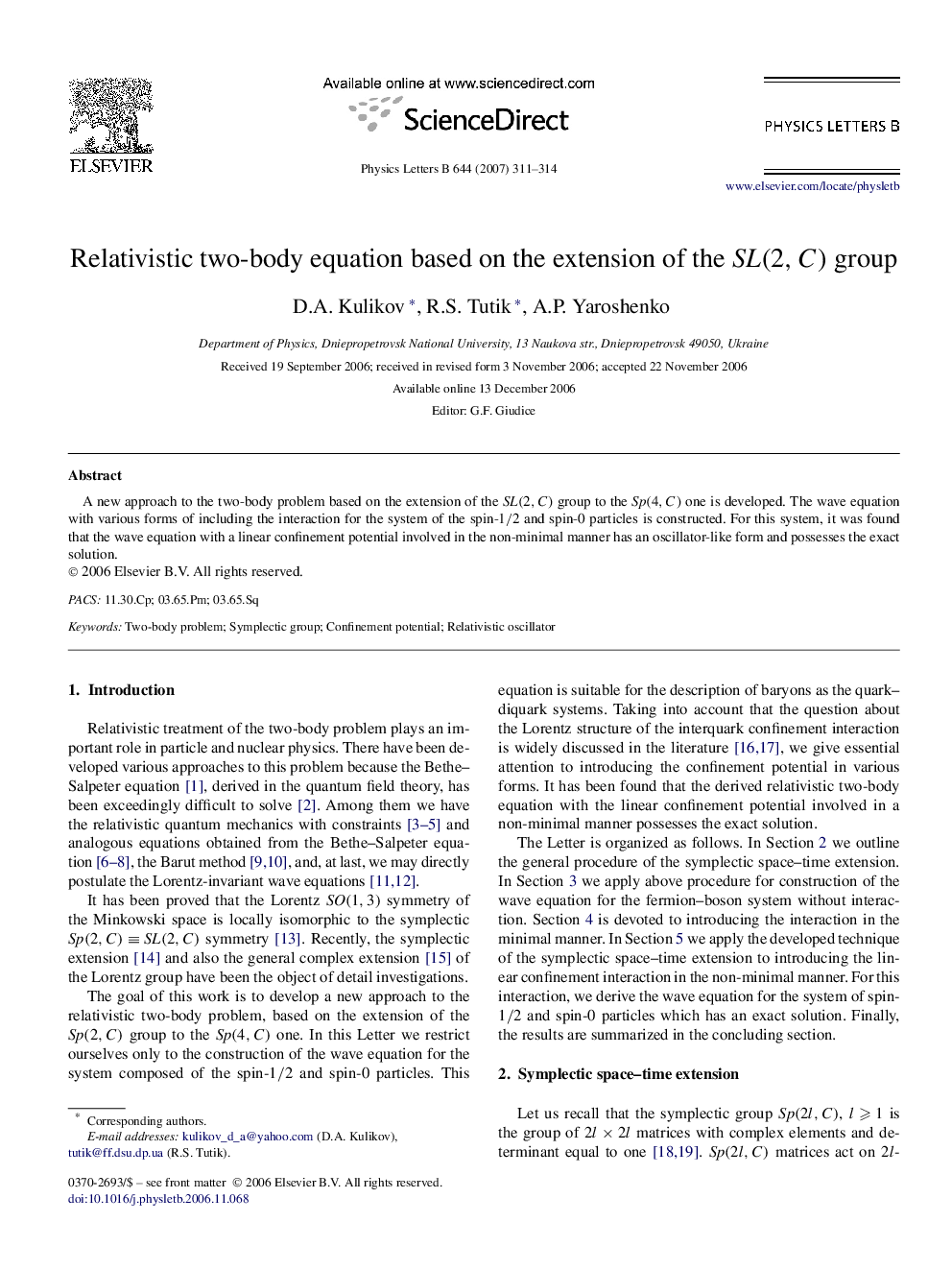 عکس صفحه اول مقاله: Relativistic two-body equation based on the extension of the SL(2,C) group Relativistic two-body equation based on the extension of the SL(2,C) group