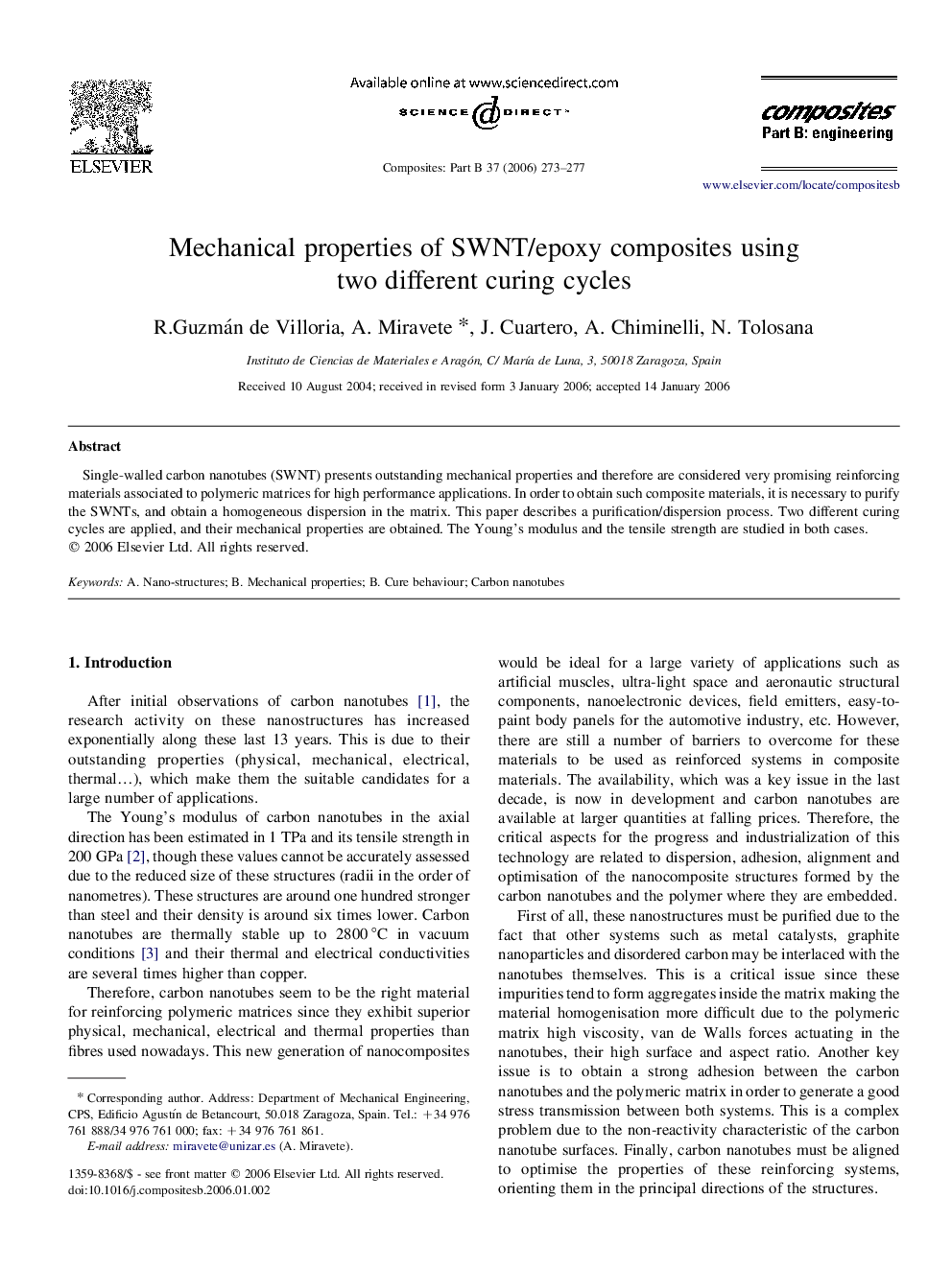 Mechanical properties of SWNT/epoxy composites using two different curing cycles