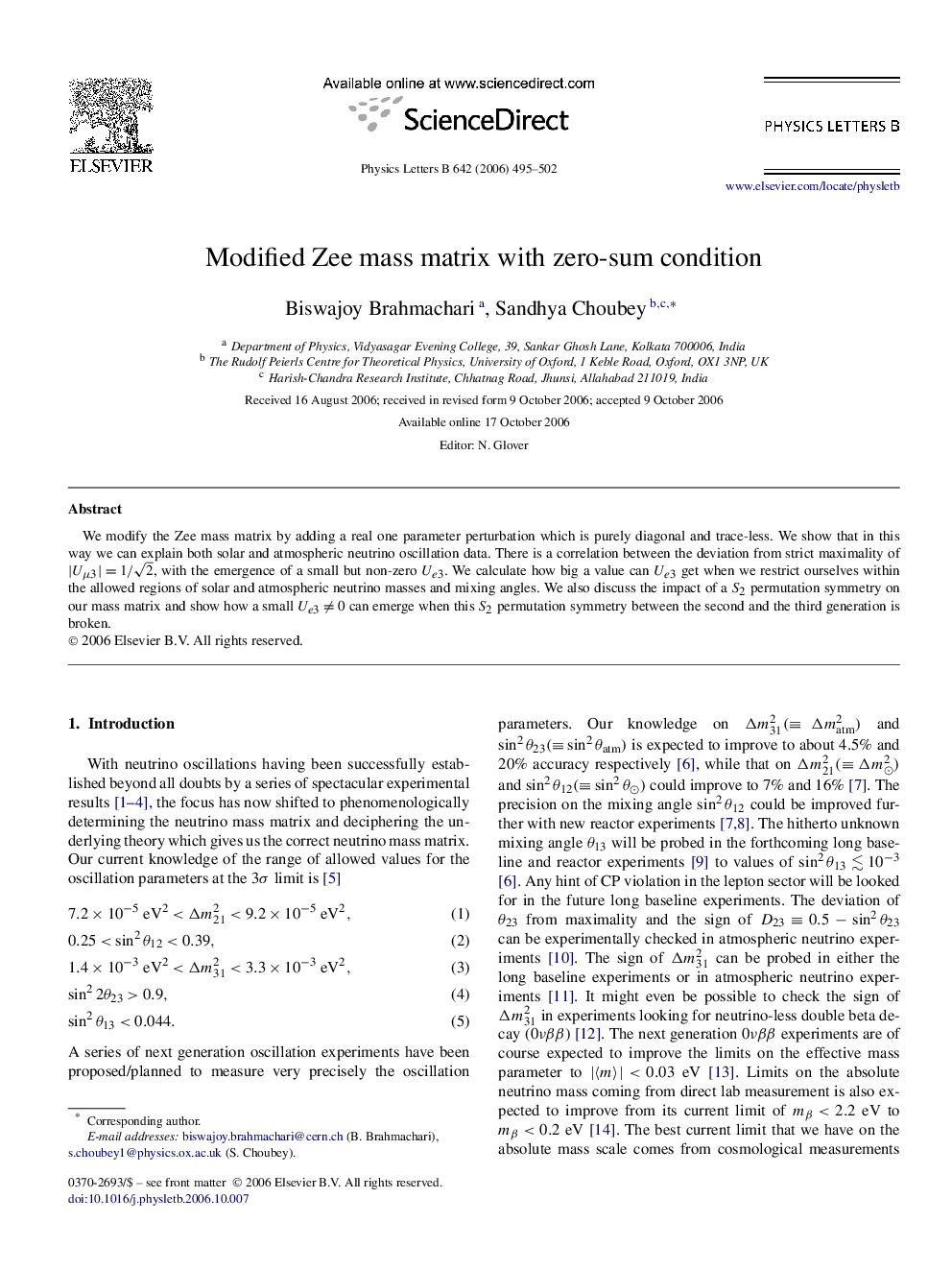 Modified Zee mass matrix with zero-sum condition