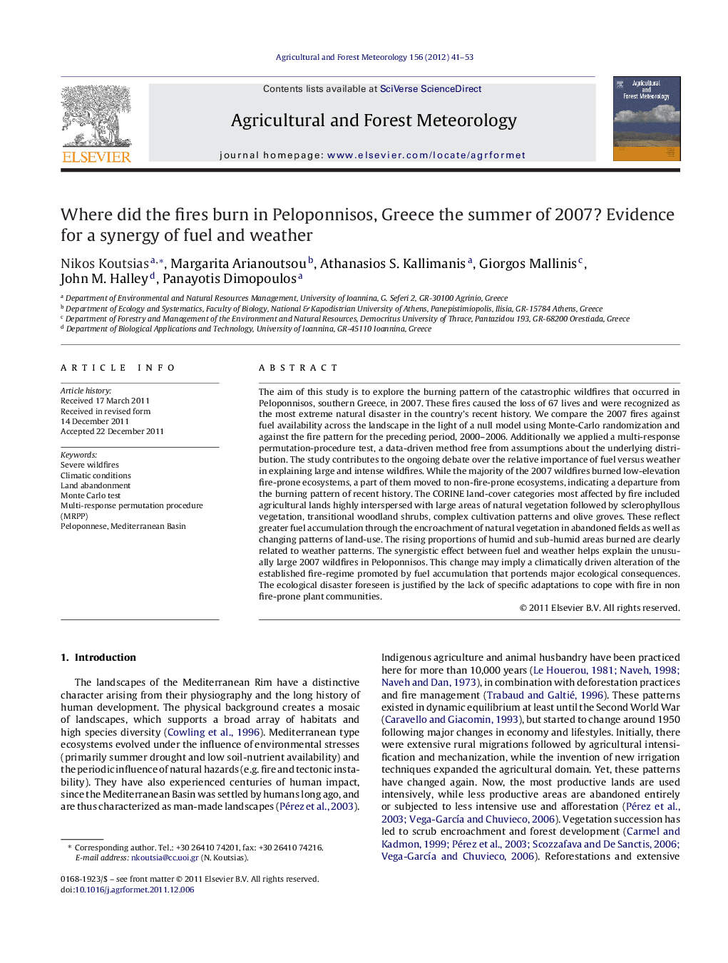 Where did the fires burn in Peloponnisos, Greece the summer of 2007? Evidence for a synergy of fuel and weather