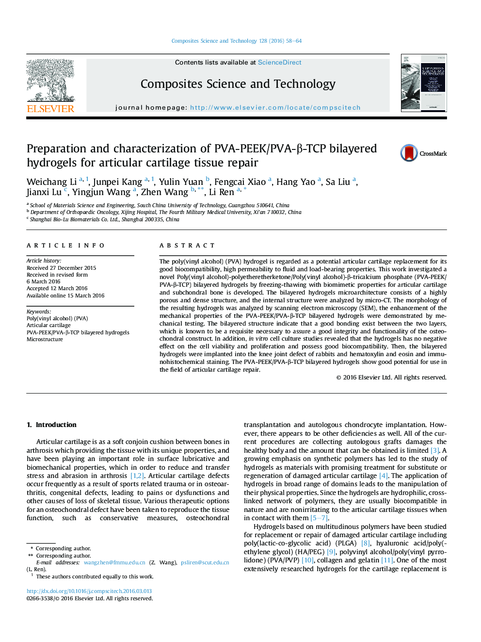 Preparation and characterization of PVA-PEEK/PVA-β-TCP bilayered hydrogels for articular cartilage tissue repair