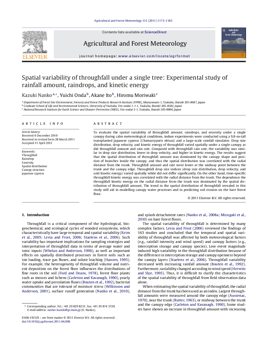 Spatial variability of throughfall under a single tree: Experimental study of rainfall amount, raindrops, and kinetic energy