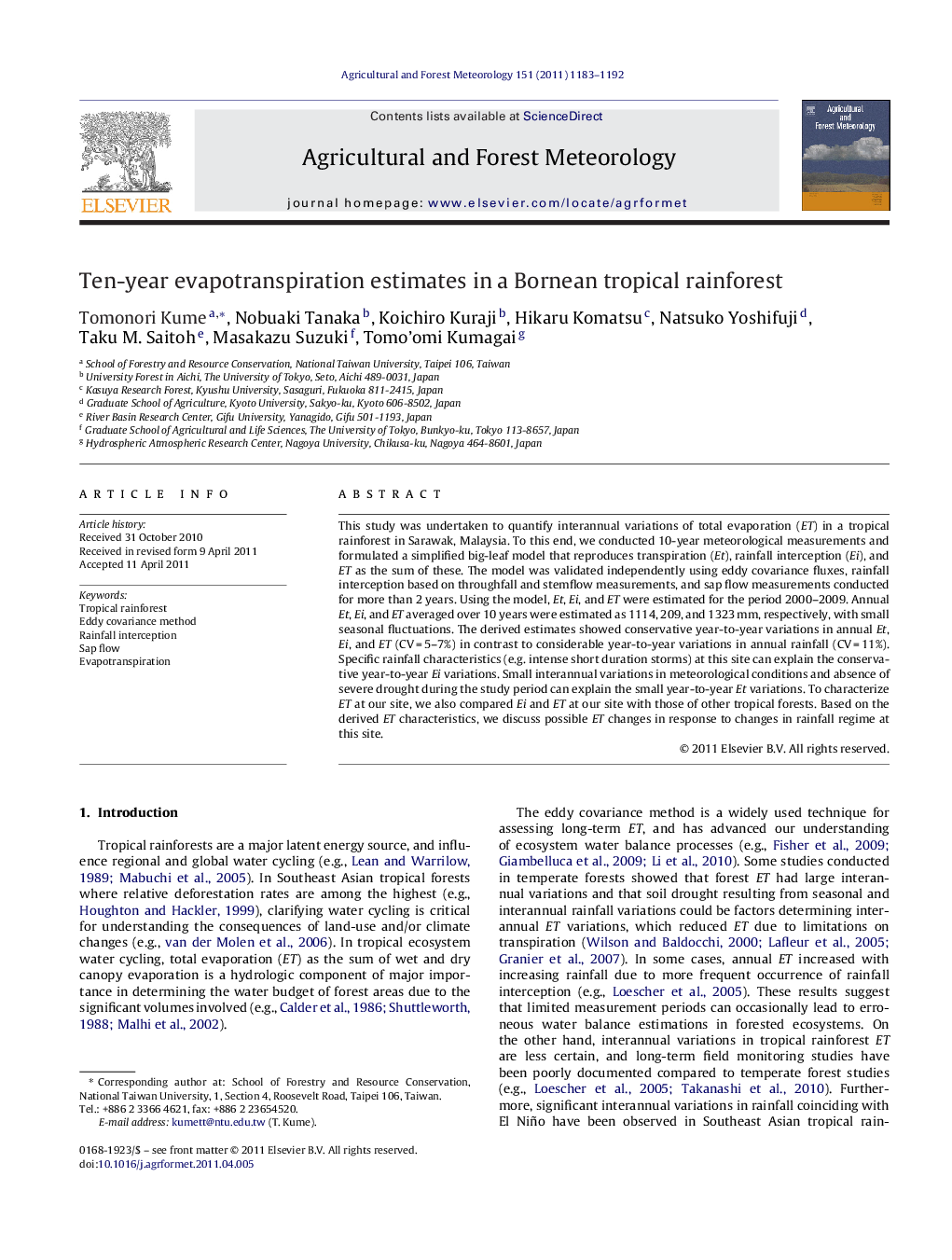 Ten-year evapotranspiration estimates in a Bornean tropical rainforest