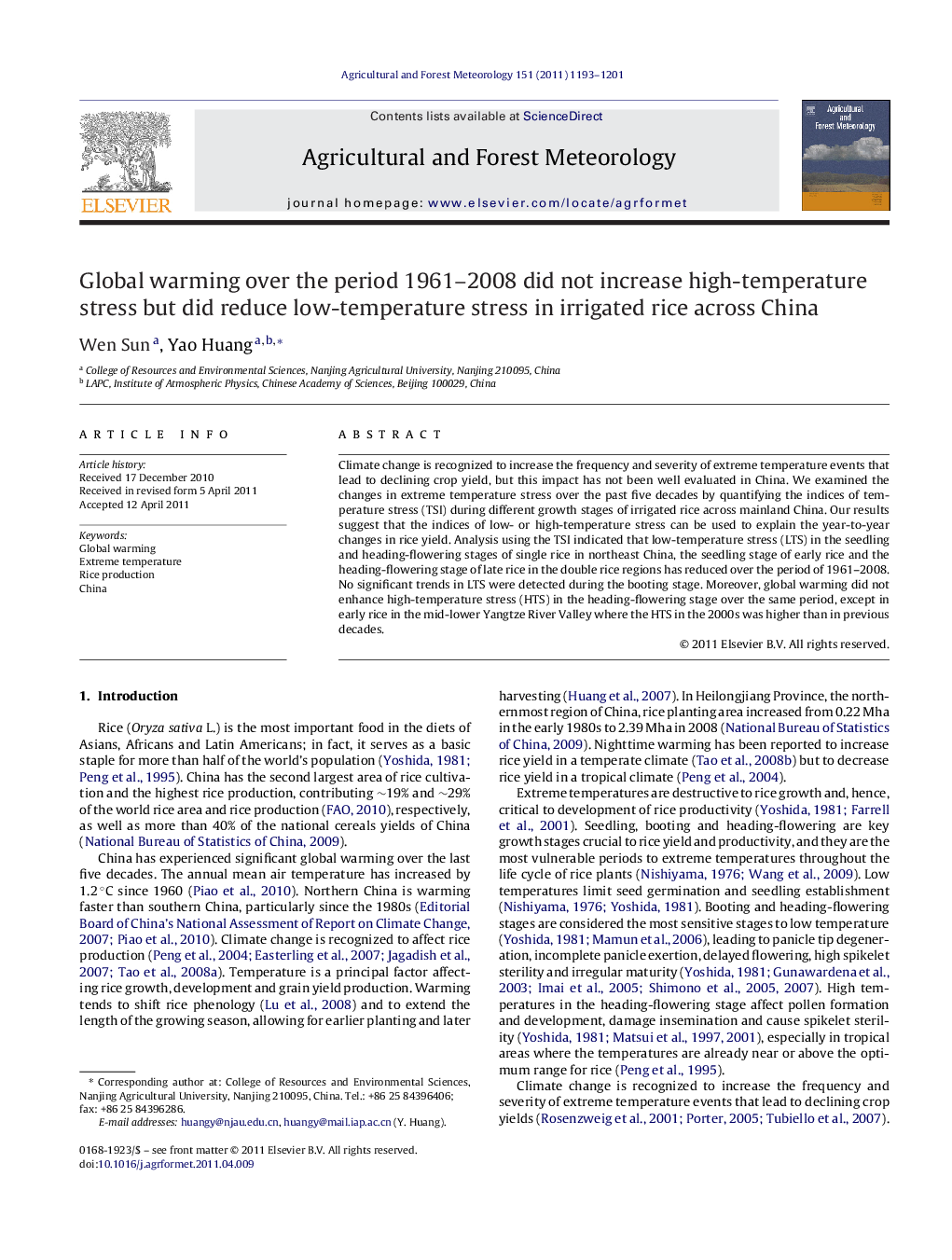 Global warming over the period 1961–2008 did not increase high-temperature stress but did reduce low-temperature stress in irrigated rice across China