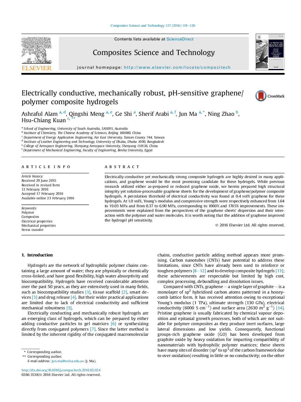 Electrically conductive, mechanically robust, pH-sensitive graphene/polymer composite hydrogels