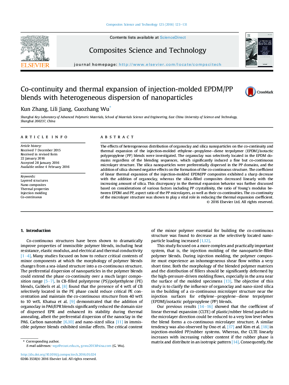 Co-continuity and thermal expansion of injection-molded EPDM/PP blends with heterogeneous dispersion of nanoparticles