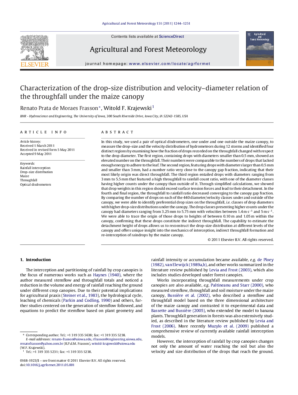 Characterization of the drop-size distribution and velocity–diameter relation of the throughfall under the maize canopy