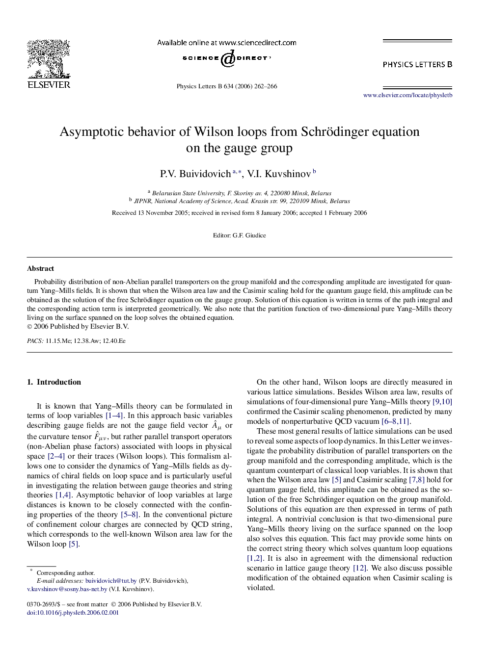 Asymptotic behavior of Wilson loops from Schrödinger equation on the gauge group