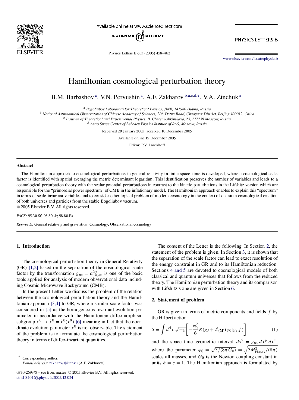 Hamiltonian cosmological perturbation theory