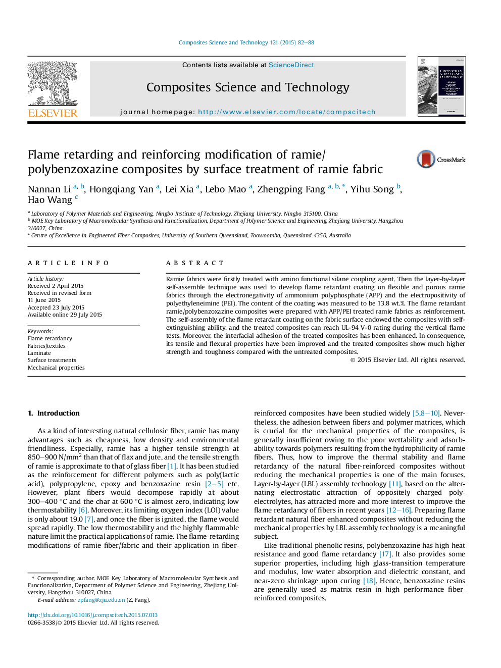 Flame retarding and reinforcing modification of ramie/polybenzoxazine composites by surface treatment of ramie fabric