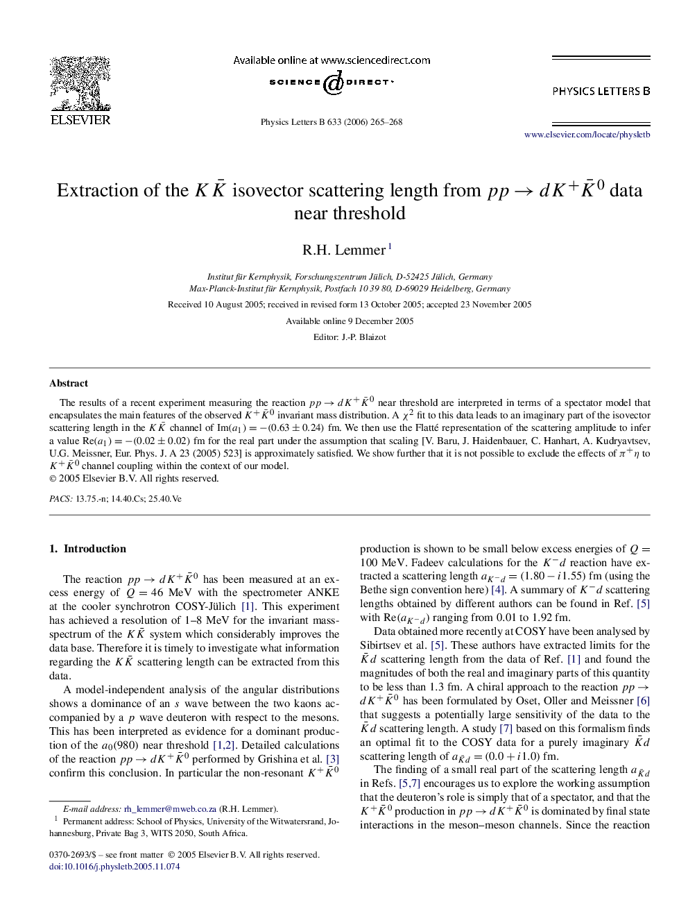 عکس صفحه اول مقاله: Extraction of the KK¯ isovector scattering length from ppâdK+K¯0 data near threshold Extraction of the KK¯ isovector scattering length from ppâdK+K¯0 data near threshold