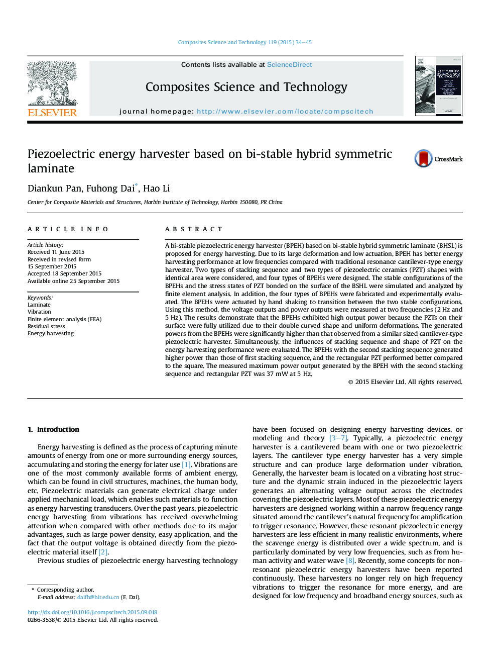 Piezoelectric energy harvester based on bi-stable hybrid symmetric laminate