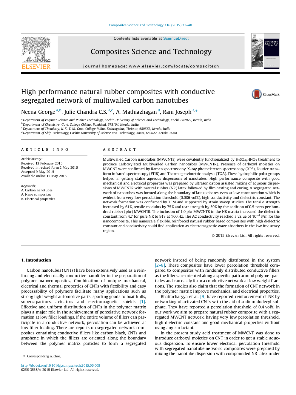 High performance natural rubber composites with conductive segregated network of multiwalled carbon nanotubes