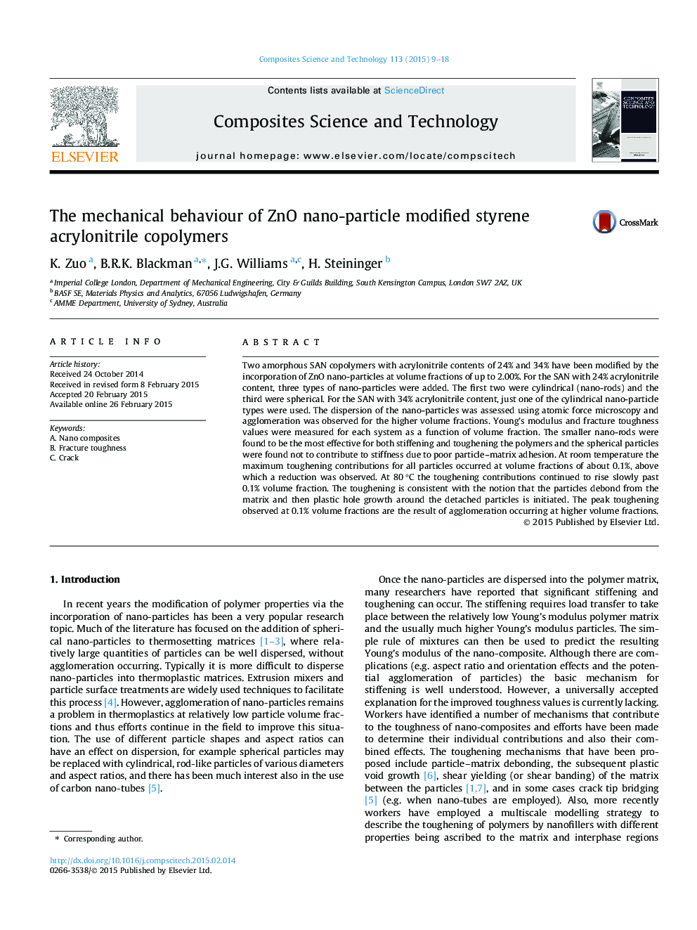 The mechanical behaviour of ZnO nano-particle modified styrene acrylonitrile copolymers