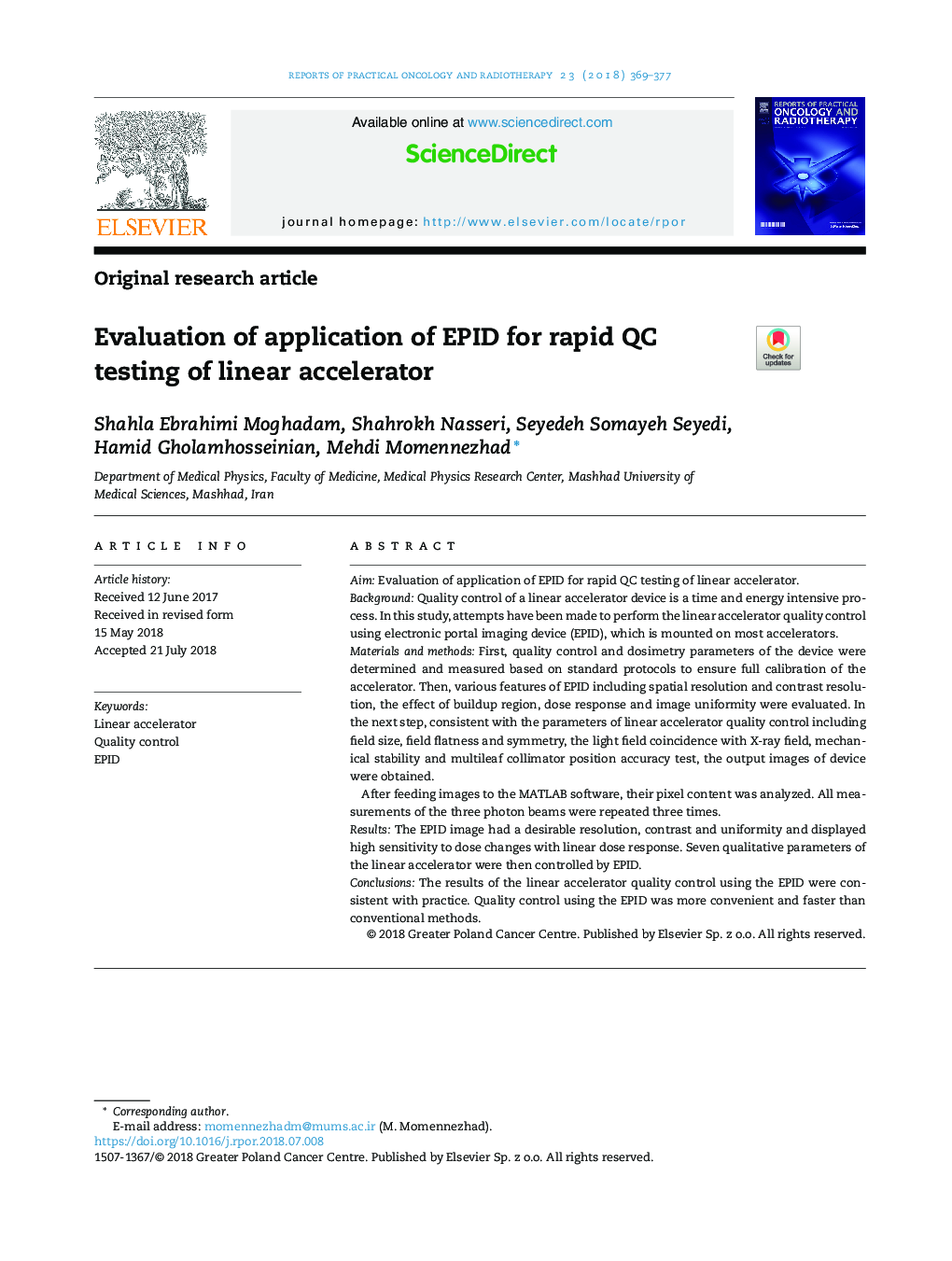 Evaluation of application of EPID for rapid QC testing of linear accelerator