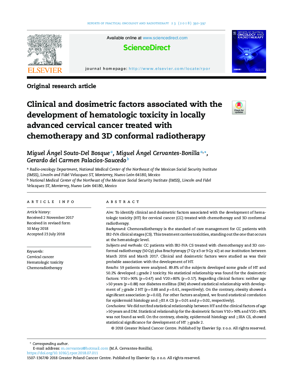 Clinical and dosimetric factors associated with the development of hematologic toxicity in locally advanced cervical cancer treated with chemotherapy and 3D conformal radiotherapy