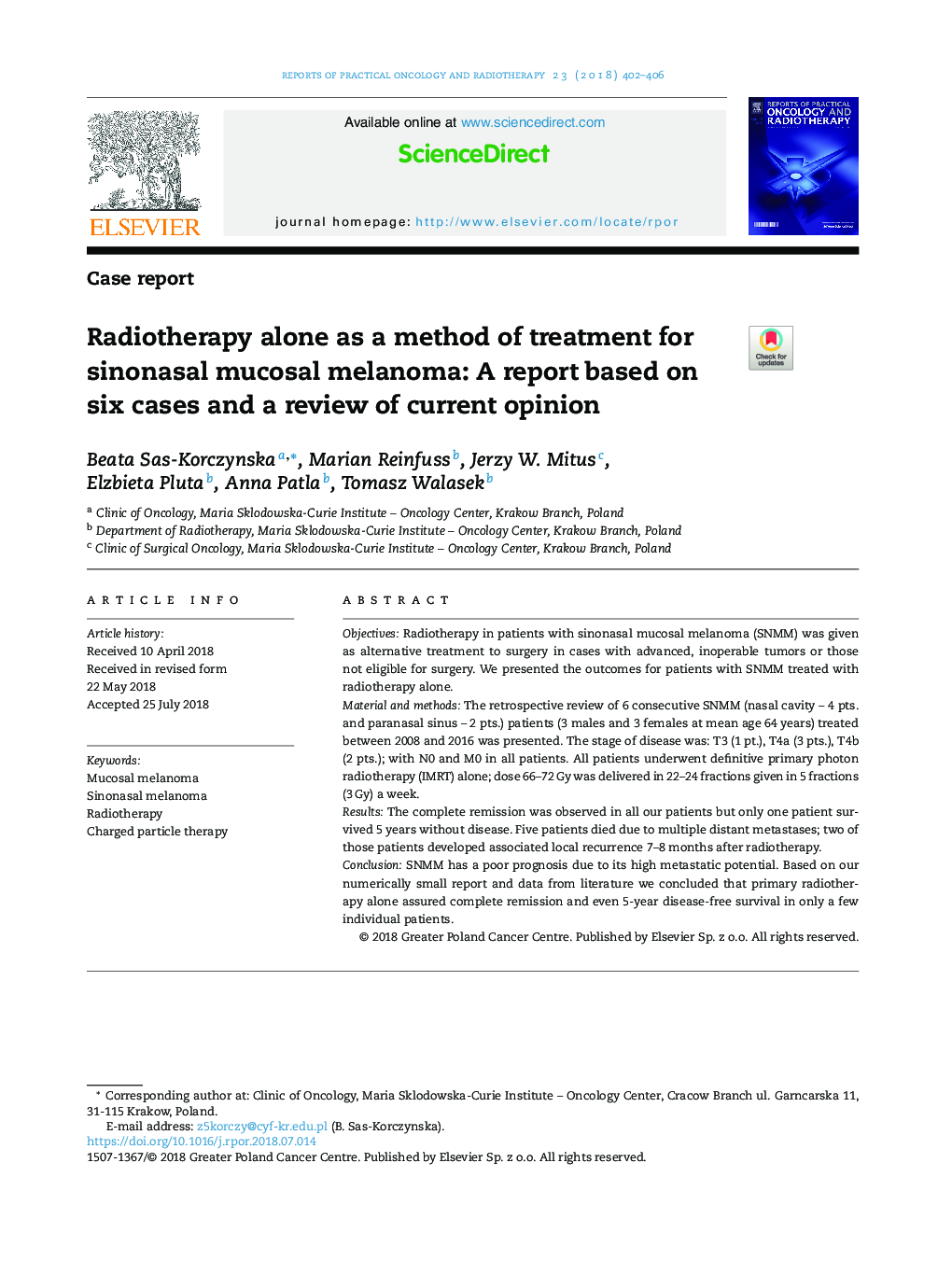 رادیوتراپی به تنهایی به عنوان یک روش درمان برای ملانوم مخاطی سینوس نال: گزارش مبتنی بر شش مورد و بررسی نظر کنونی 