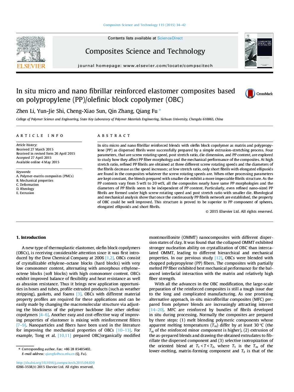 In situ micro and nano fibrillar reinforced elastomer composites based on polypropylene (PP)/olefinic block copolymer (OBC)