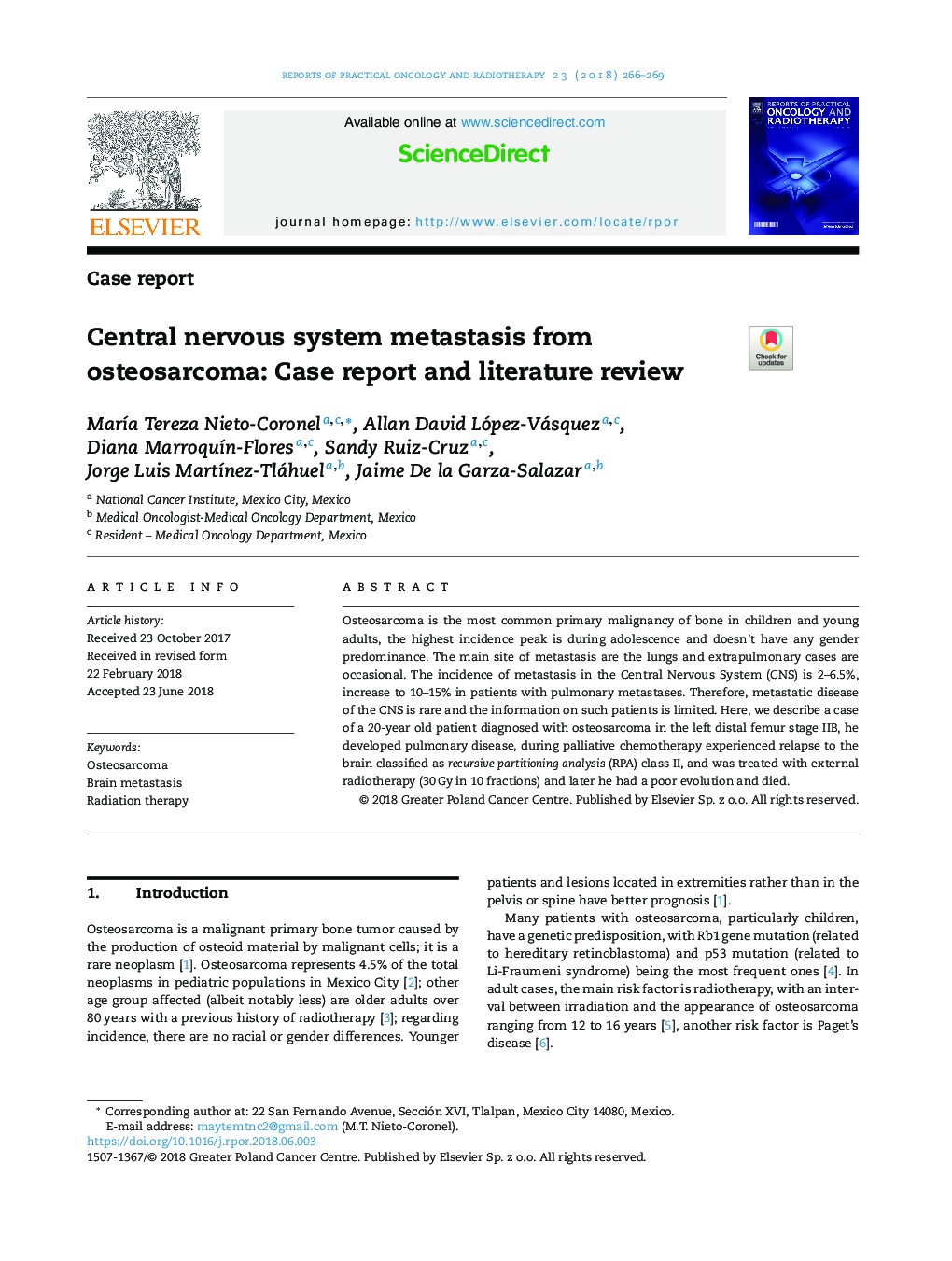 متاستاز سیستم عصبی مرکزی از استئوسارکوم: گزارش مورد و بررسی ادبیات 
