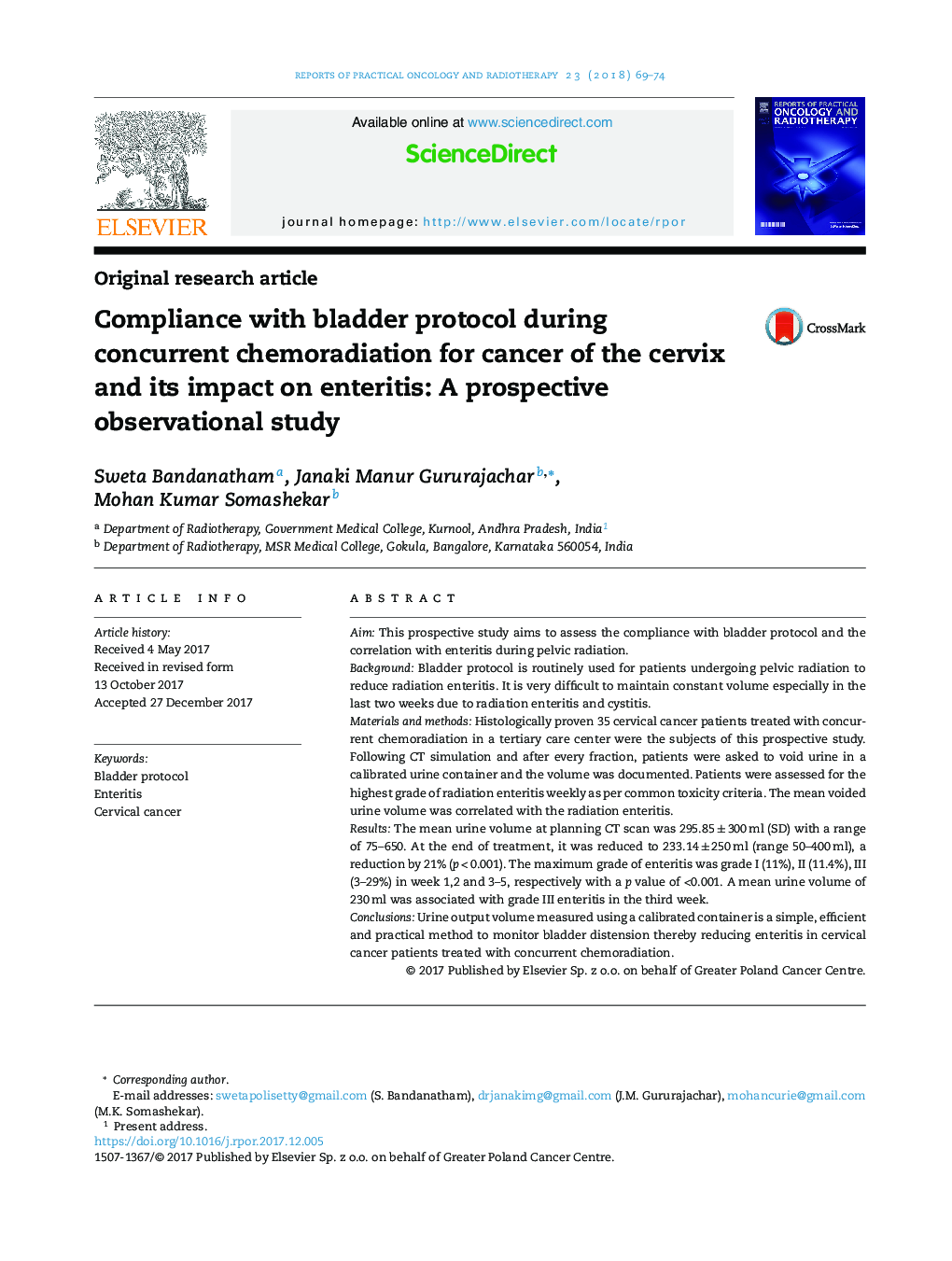 Compliance with bladder protocol during concurrent chemoradiation for cancer of the cervix and its impact on enteritis: A prospective observational study