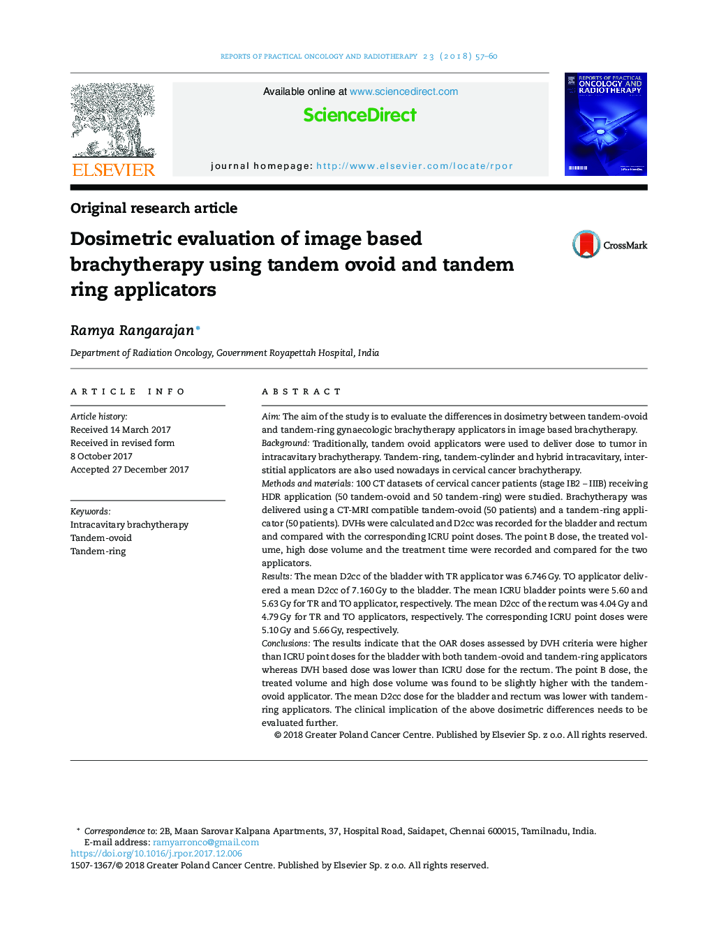 Dosimetric evaluation of image based brachytherapy using tandem ovoid and tandem ring applicators