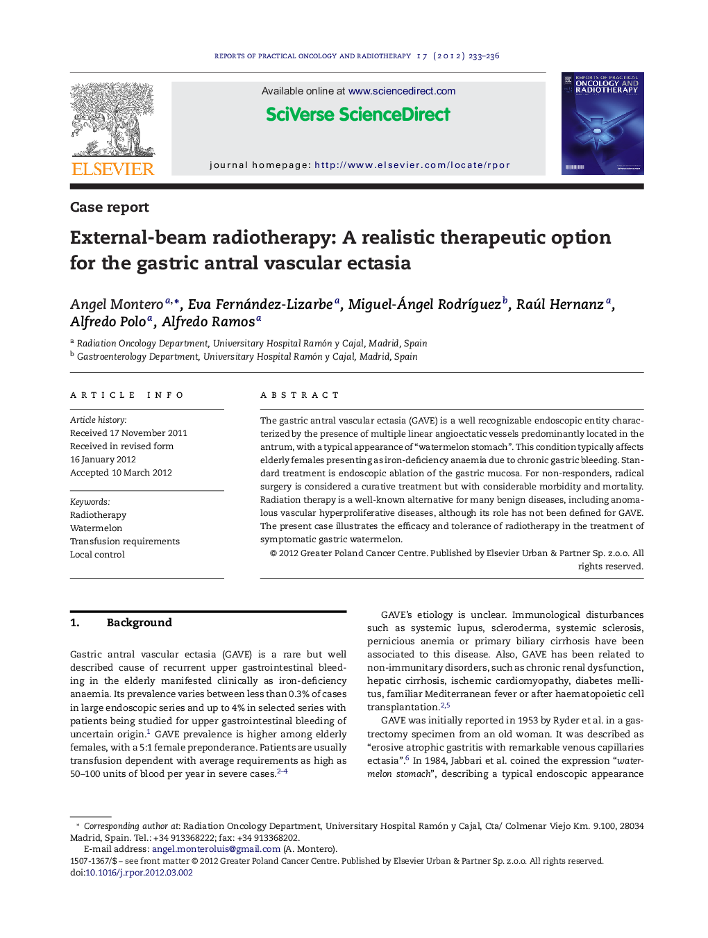 External-beam radiotherapy: A realistic therapeutic option for the gastric antral vascular ectasia